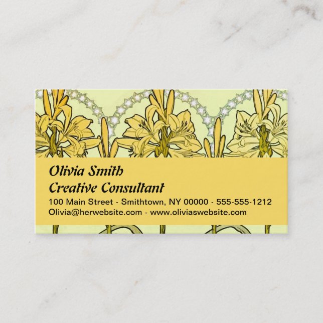 Alfonse Mucha Art Nouveau Lily Floral Pattern Business Card (Front)