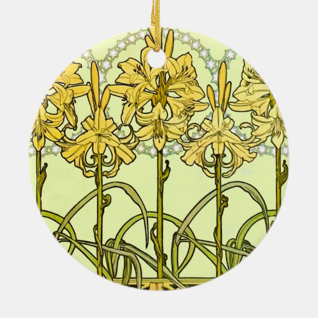 Alfonse Mucha Art Nouveau Lily Floral Pattern Ceramic Ornament (Back)