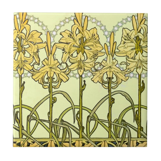 Alfonse Mucha Art Nouveau Lily Floral Pattern Ceramic Tile (Front)