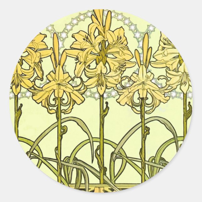 Alfonse Mucha Art Nouveau Lily Floral Pattern Classic Round Sticker (Front)