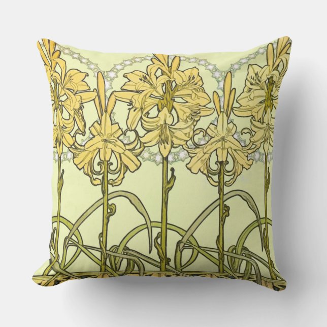 Alfonse Mucha Art Nouveau Lily Floral Pattern Cushion (Front)