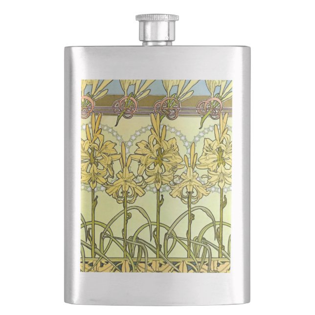 Alfonse Mucha Art Nouveau Lily Floral Pattern Hip Flask (Front)
