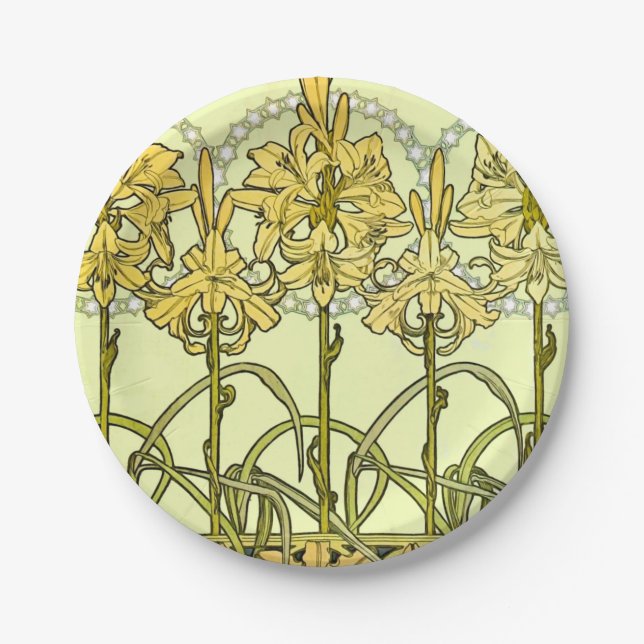Alfonse Mucha Art Nouveau Lily Floral Pattern Paper Plate (Front)