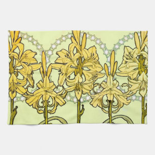 Alfonse Mucha Art Nouveau Lily Floral Pattern Tea Towel