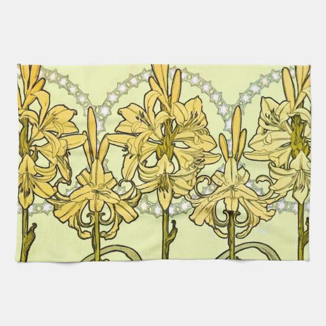 Alfonse Mucha Art Nouveau Lily Floral Pattern Tea Towel (Horizontal)