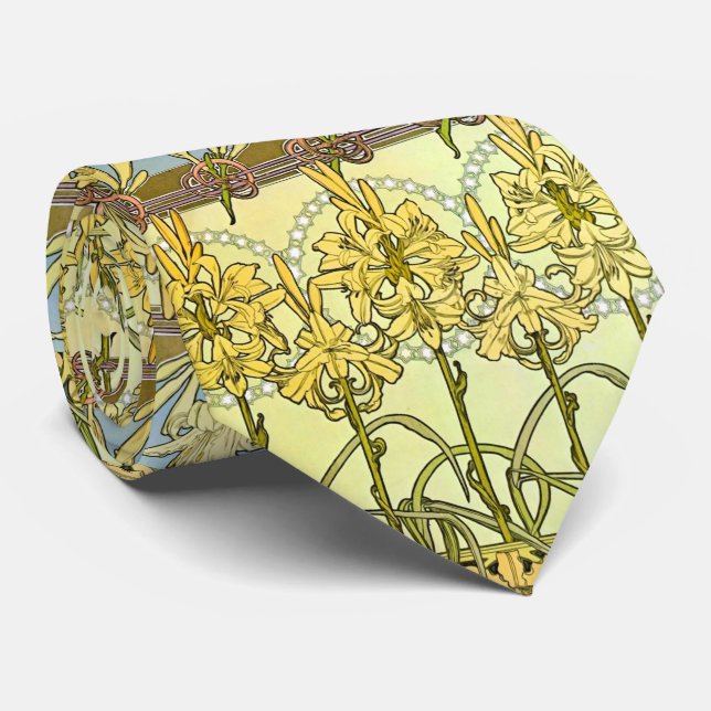 Alfonse Mucha Art Nouveau Lily Floral Pattern Tie (Rolled)