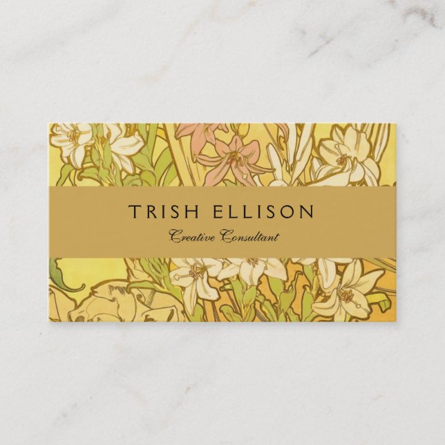 Alfonse Mucha Art Nouveau lily flowers Business Card (Front)