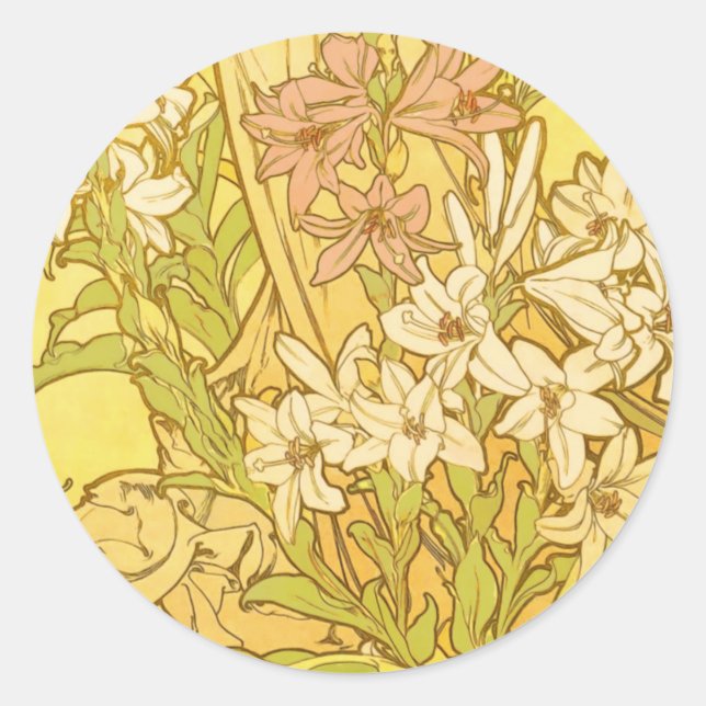 Alfonse Mucha Art Nouveau lily flowers Classic Round Sticker (Front)