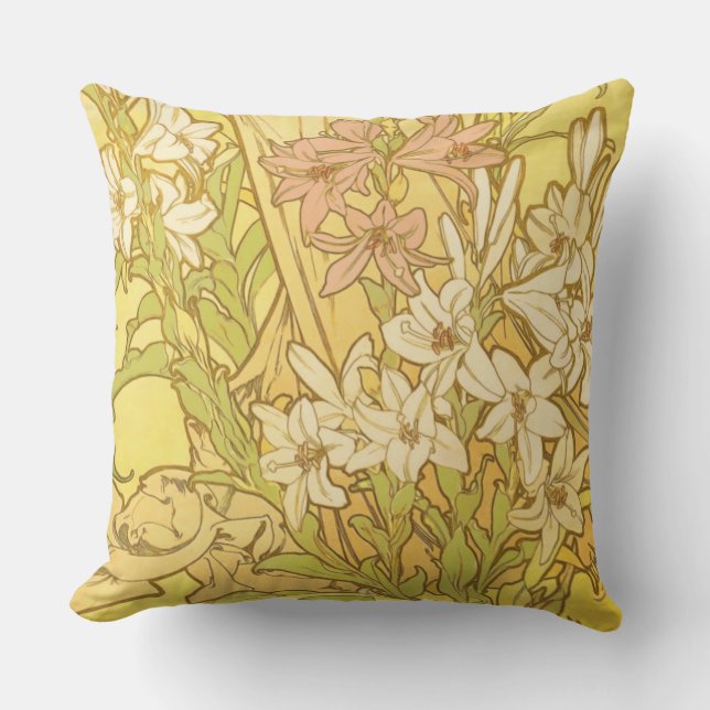 Alfonse Mucha Art Nouveau lily flowers Cushion (Front)