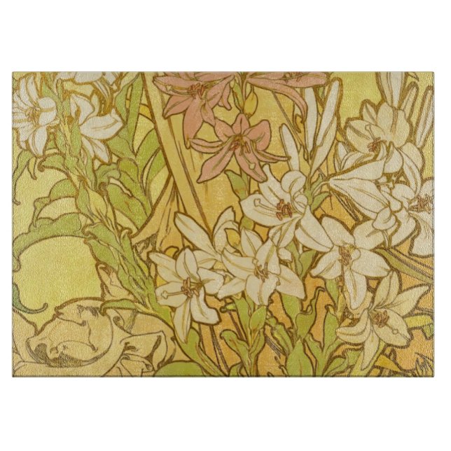 Alfonse Mucha Art Nouveau lily flowers Cutting Board (Front)