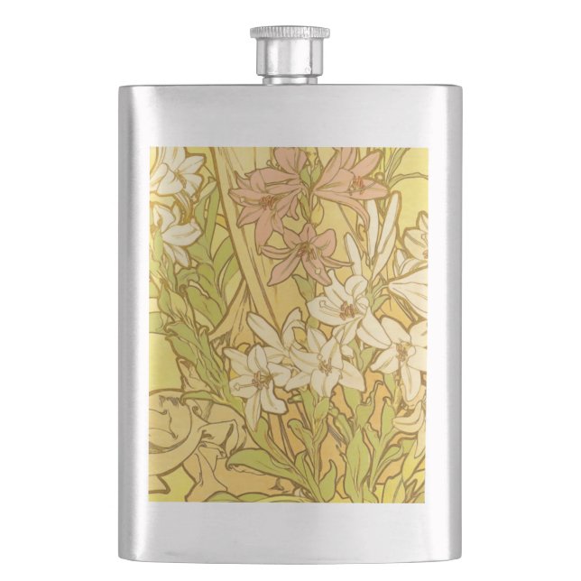 Alfonse Mucha Art Nouveau lily flowers Hip Flask (Front)