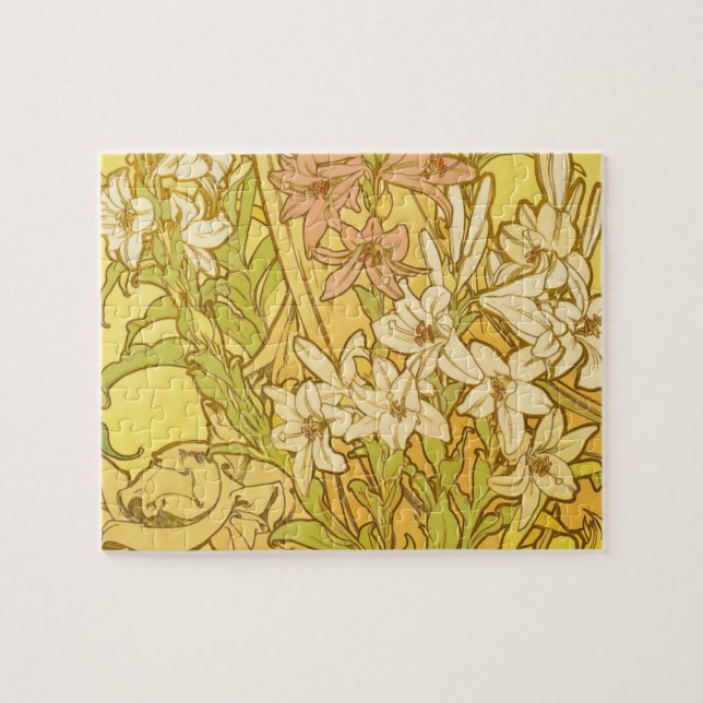 Alfonse Mucha Art Nouveau lily flowers Jigsaw Puzzle (Horizontal)
