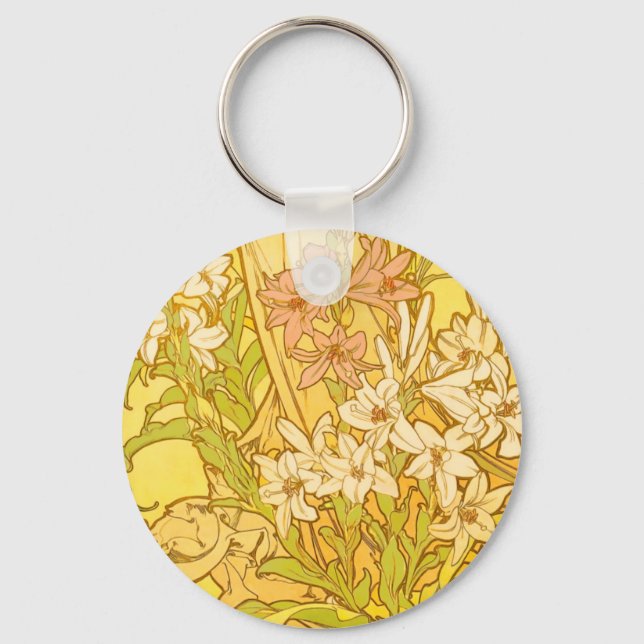 Alfonse Mucha Art Nouveau lily flowers Key Ring (Front)