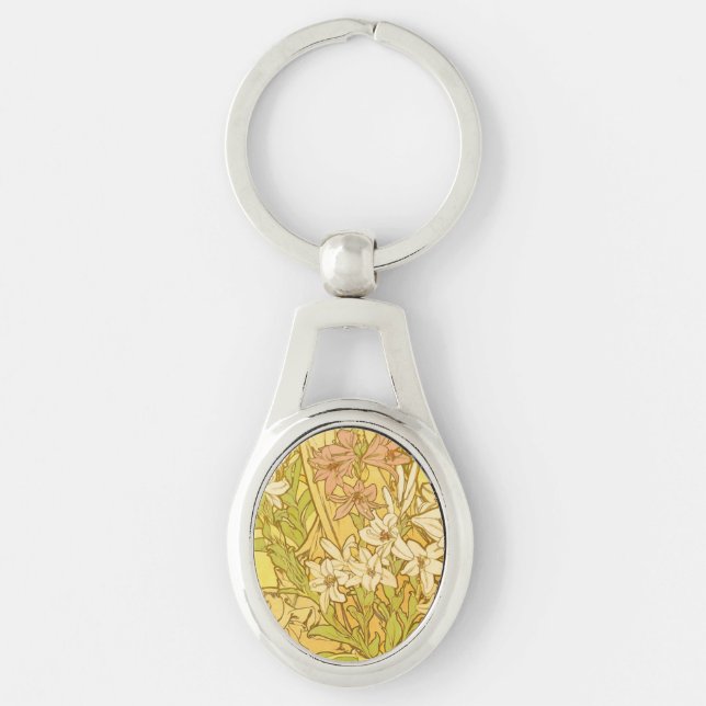 Alfonse Mucha Art Nouveau lily flowers Key Ring (Front)