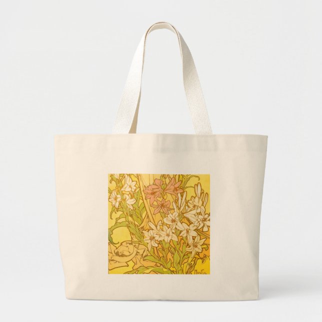 Alfonse Mucha Art Nouveau lily flowers Large Tote Bag (Front)