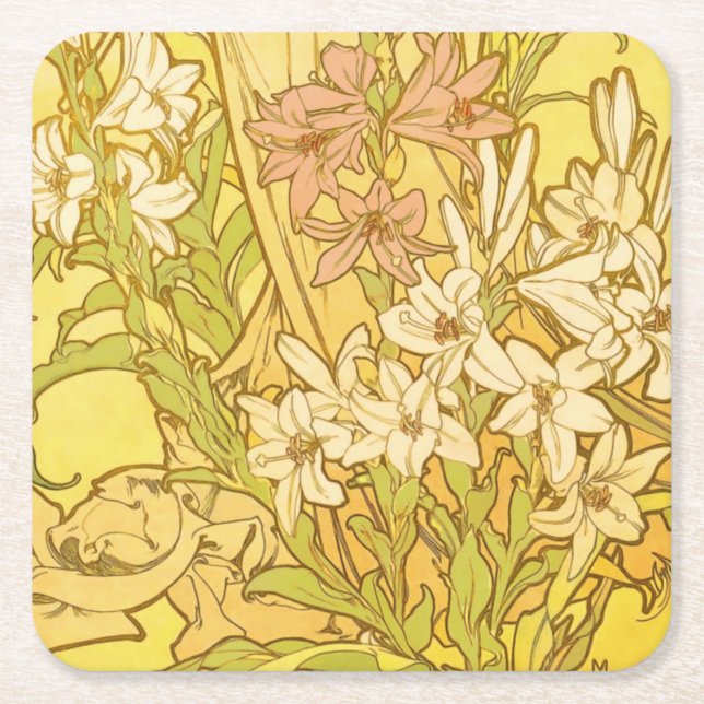 Alfonse Mucha Art Nouveau lily flowers Square Paper Coaster (Front)