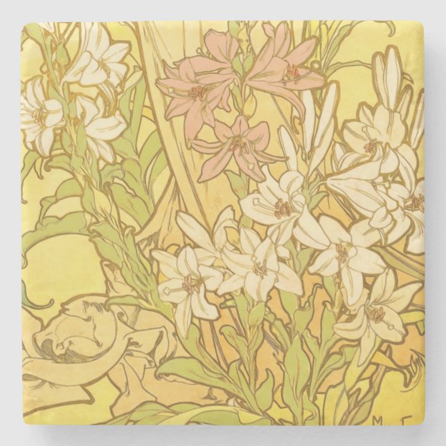 Alfonse Mucha Art Nouveau lily flowers Stone Coaster (Front)