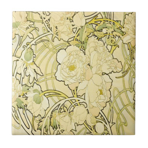 Alfonse Mucha Art Nouveau Peonies Botanical Art Ceramic Tile