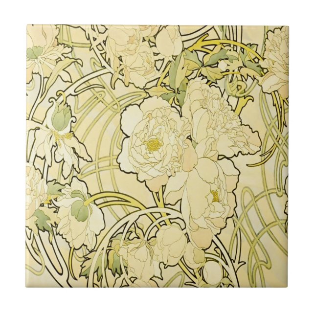 Alfonse Mucha Art Nouveau Peonies Botanical Art Ceramic Tile (Front)