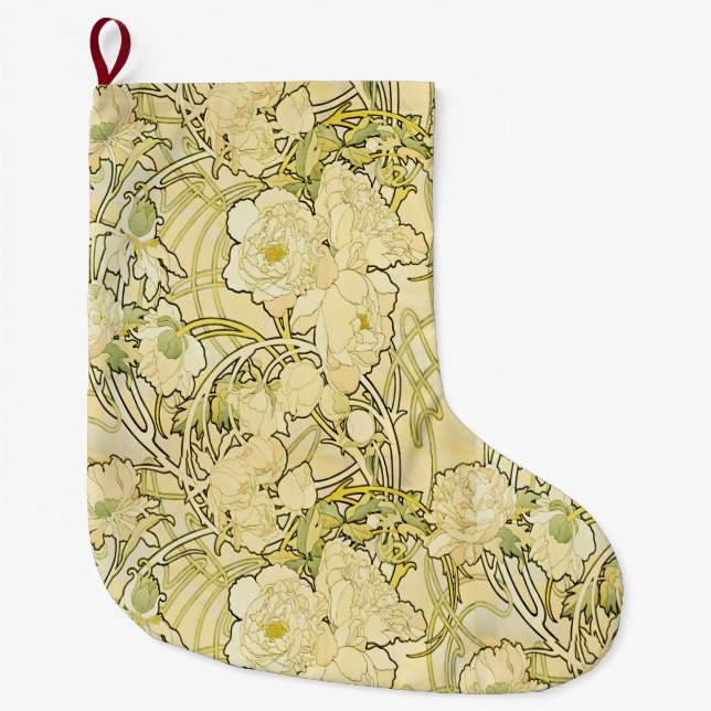 Alfonse Mucha Art Nouveau Peonies Botanical Art Large Christmas Stocking (Front)