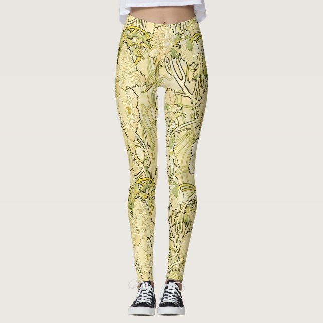 Alfonse Mucha Art Nouveau Peonies Botanical Art Leggings (Front)