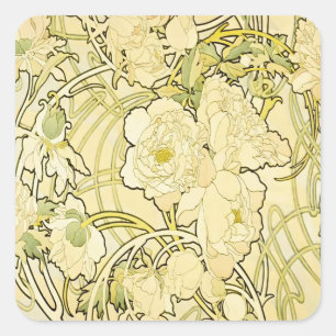 Alfonse Mucha Art Nouveau Peonies Botanical Art Square Sticker