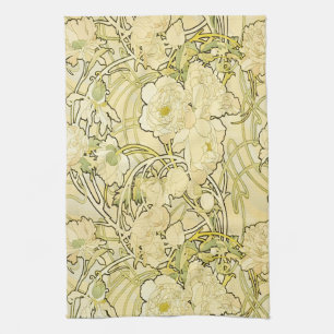 Alfonse Mucha Art Nouveau Peonies Botanical Art Tea Towel