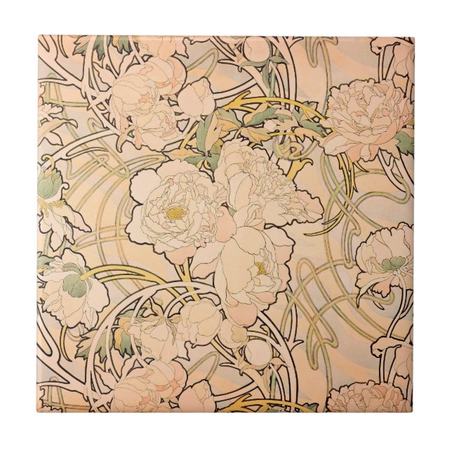 Alfonse Mucha Art Nouveau Peonies Ceramic Tile (Front)