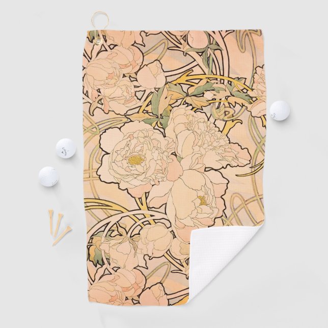 Alfonse Mucha Art Nouveau Peonies Golf Towel (InSitu)