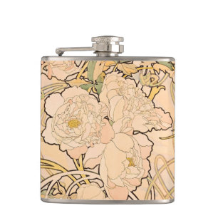 Alfonse Mucha Art Nouveau Peonies Hip Flask