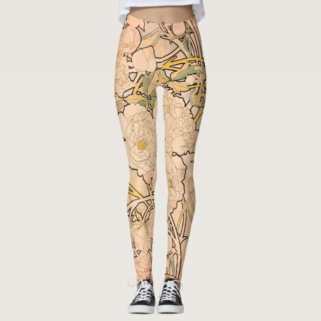 Alfonse Mucha Art Nouveau Peonies Leggings (Front)