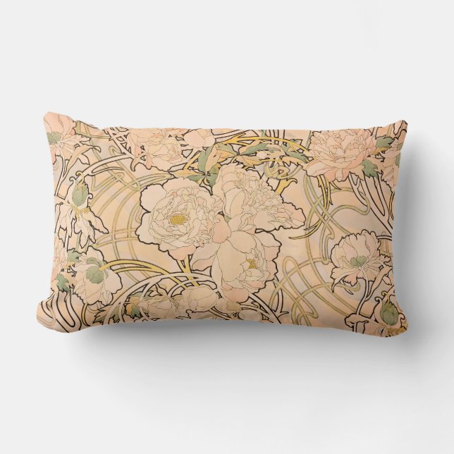 Alfonse Mucha Art Nouveau Peonies Lumbar Cushion (Front)
