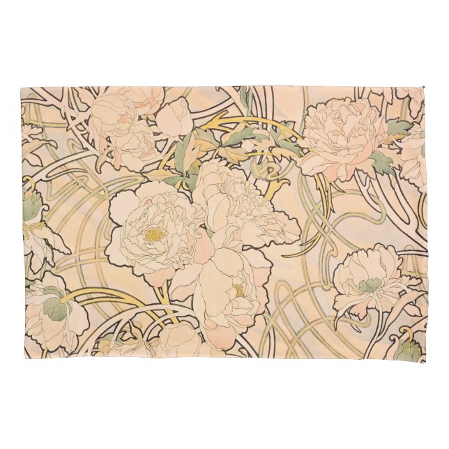 Alfonse Mucha Art Nouveau Peonies Pillowcase (Front)