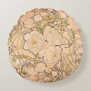 Alfonse Mucha Art Nouveau Peonies Round Cushion