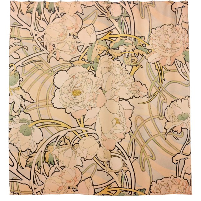 Alfonse Mucha Art Nouveau Peonies Shower Curtain (Front)