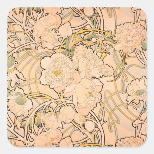 Alfonse Mucha Art Nouveau Peonies Square Sticker