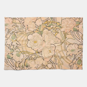 Alfonse Mucha Art Nouveau Peonies Tea Towel
