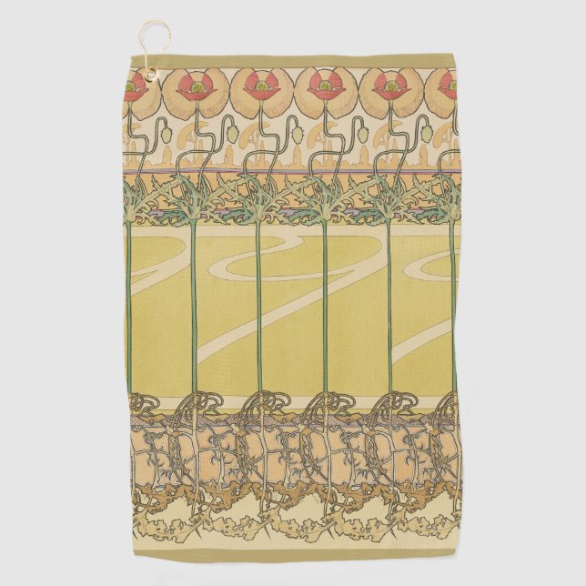 Alfonse Mucha Poppies Art Nouveau Floral Wallpaper Golf Towel (Front)