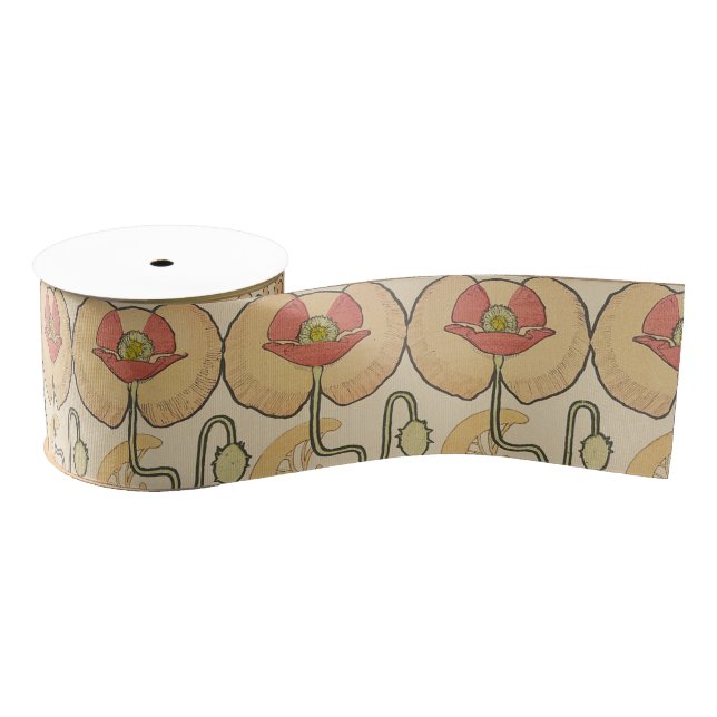 Alfonse Mucha Poppies Art Nouveau Floral Wallpaper Grosgrain Ribbon (Spool)