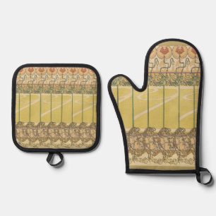 Alfonse Mucha Poppies Art Nouveau Floral Wallpaper Oven Mitt & Pot Holder Set