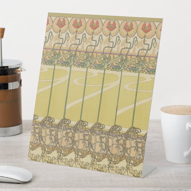 Alfonse Mucha Poppies Art Nouveau Floral Wallpaper Pedestal Sign (In SItu)