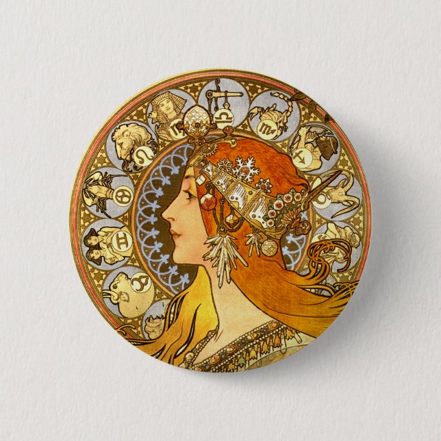 Alfonse Mucha Zodiac Art Nouveau Woman 6 Cm Round Badge (Front)