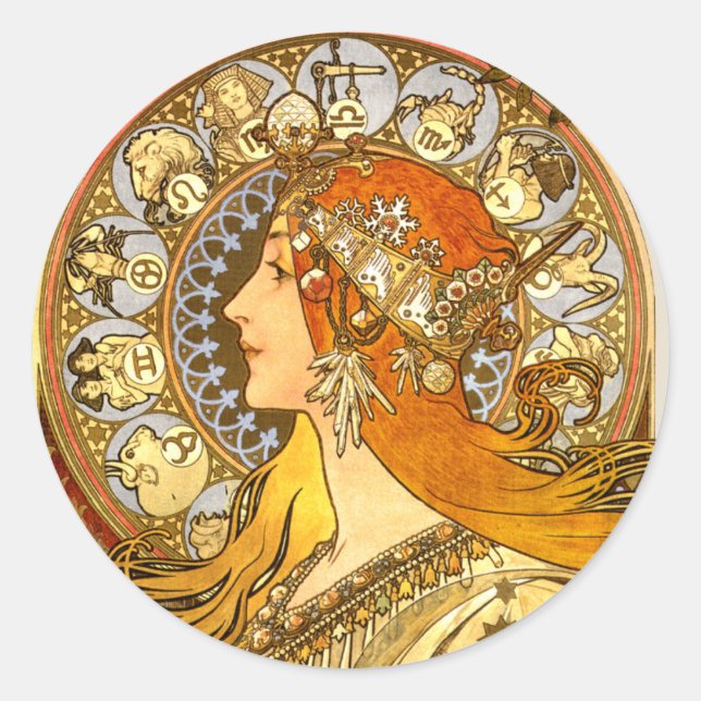 Alfonse Mucha Zodiac Art Nouveau Woman Classic Round Sticker (Front)