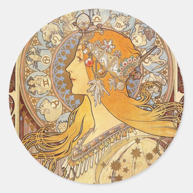 Alfonse Mucha Zodiac Art Nouveau Woman Classic Round Sticker (Front)