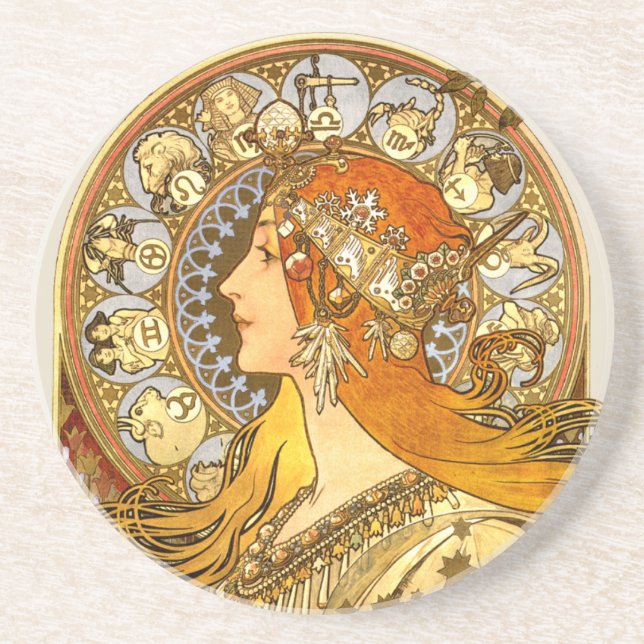 Alfonse Mucha Zodiac Art Nouveau Woman Coaster (Front)