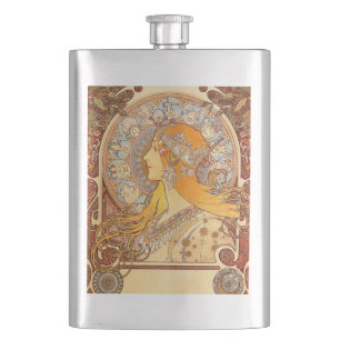 Alfonse Mucha Zodiac Art Nouveau Woman Hip Flask