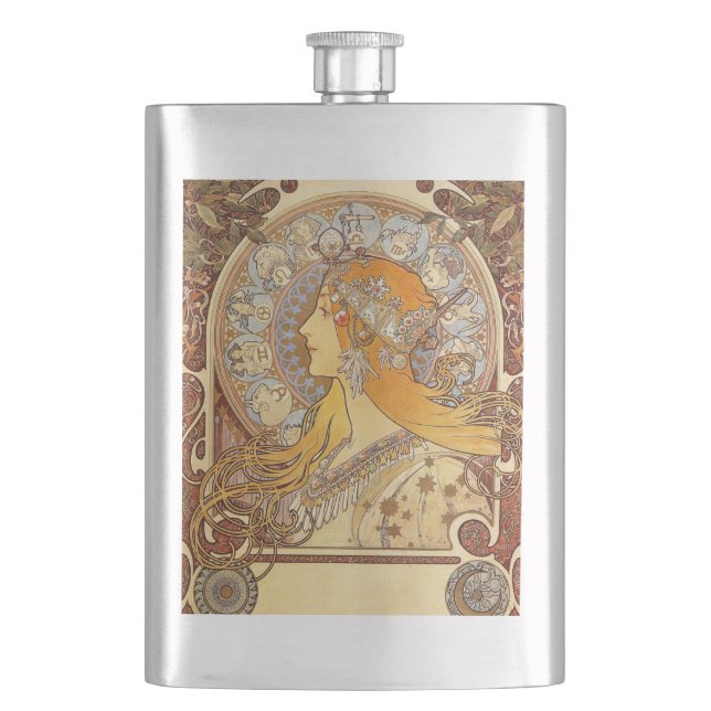 Alfonse Mucha Zodiac Art Nouveau Woman Hip Flask (Front)