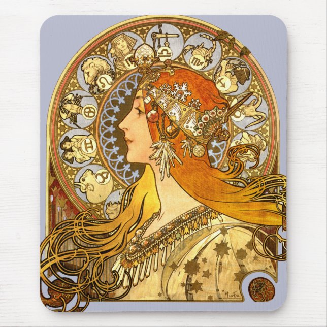 Alfonse Mucha Zodiac Art Nouveau Woman Mouse Pad (Front)