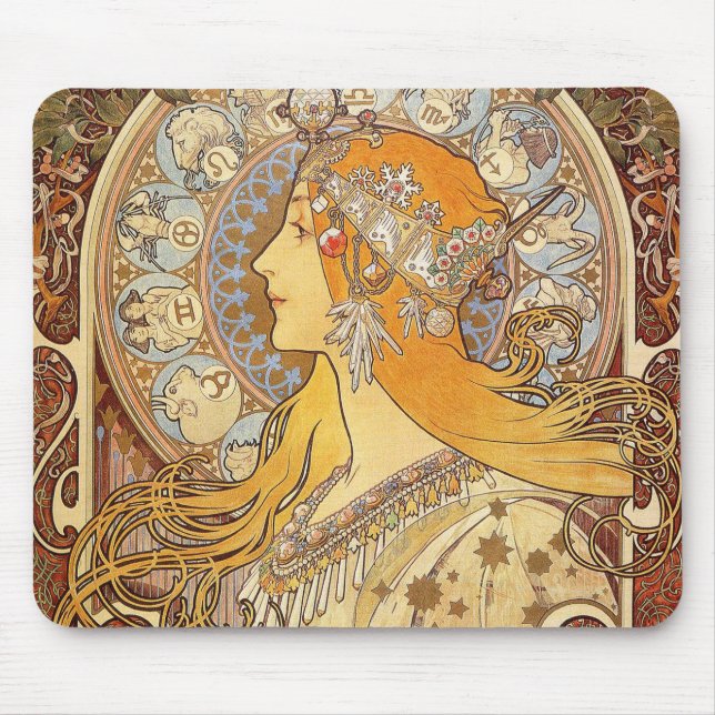 Alfonse Mucha Zodiac Art Nouveau Woman Mouse Pad (Front)