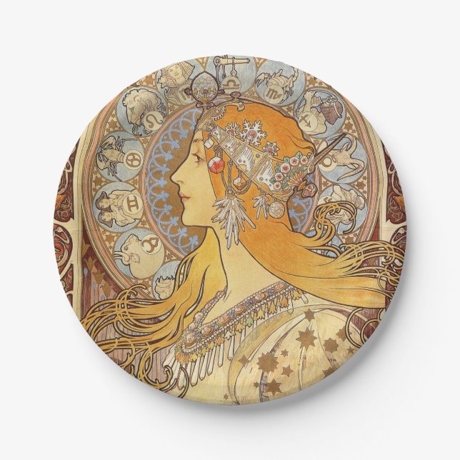 Alfonse Mucha Zodiac Art Nouveau Woman Paper Plate (Front)